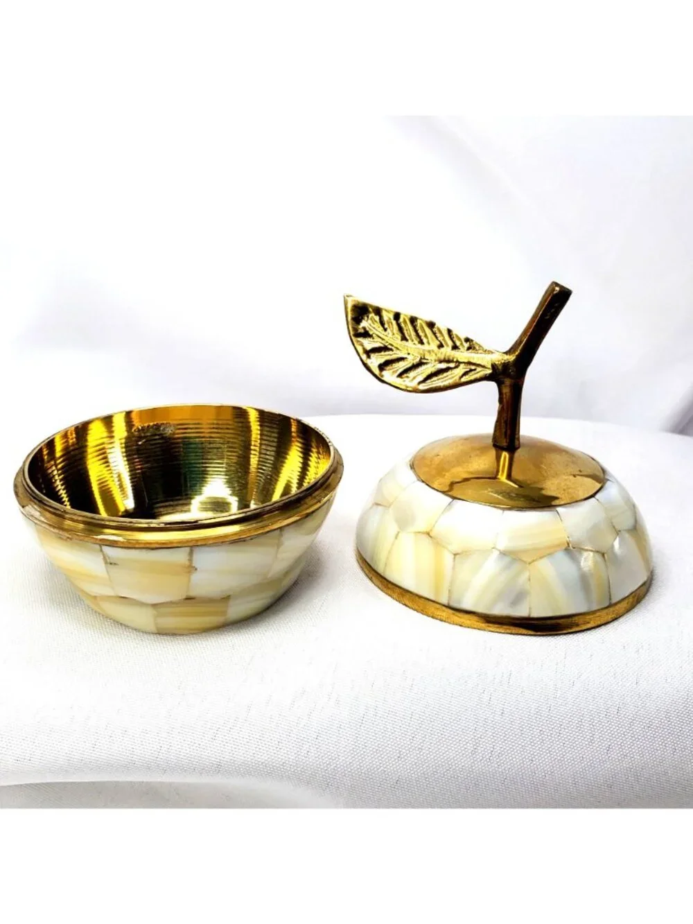 Mother Of Pearl and Brass Decorative Apple Trinket Box Lid And Leaf Accent